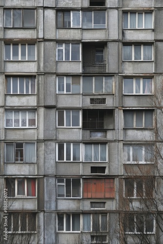 Facade of a Grey Multi-storey Panel building in Russia, Soviet architecture houses