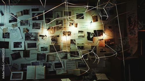 A dimly lit bulletin board filled with notes, photos, and strings creating a mysterious web-like pattern, suggesting investigation or conspiracy plots. photo