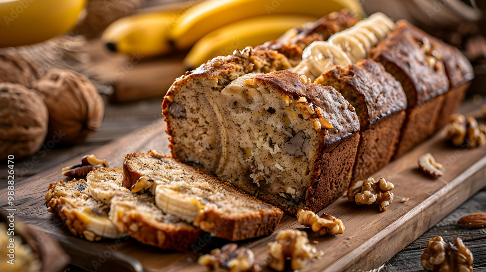 Delicious Banana Walnut Bread Slices on Wooden Board Delicious Banana Walnut Bread Slices on Wooden Board