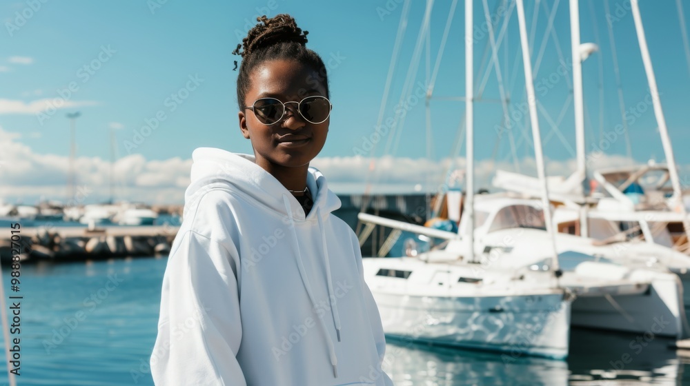 A person in a white hoodie and sunglasses enjoys a sunny day at the marina, with sailboats visible in the background, exuding a calm, nautical vibe.