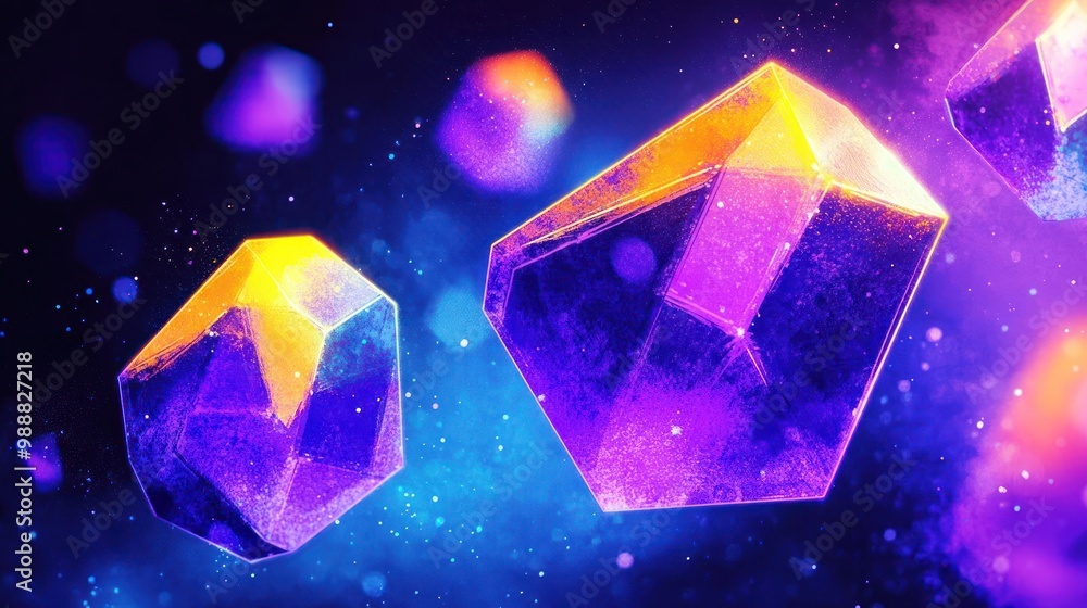 A vibrant depiction of floating, colorful crystals in a cosmic background. A vibrant depiction of floating, colorful crystals in a cosmic background.