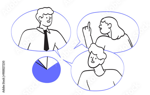 rporate team online meeting and project, plans, strategies discussion concept. People in speech bubbles talk about work, duties and manage working process. Successful partnership vector illustration