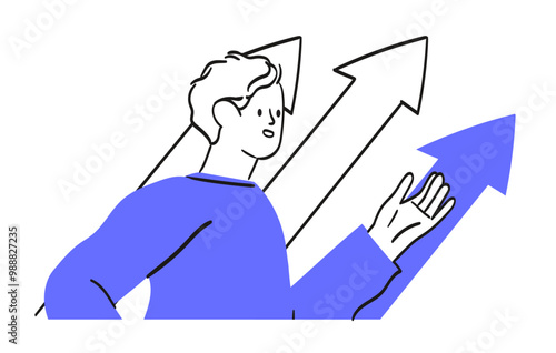 Concept of business and career growth. Man choose way or between different direction to success. Career decision, future opportunity options. Career development, employee plan personal progress.