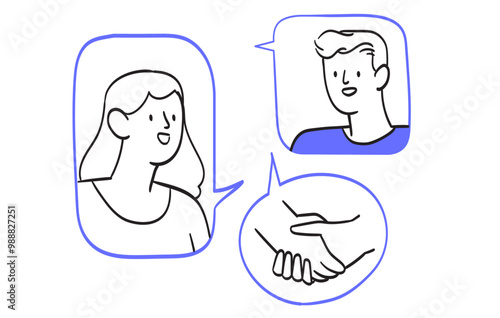 Business communication concept. Man and woman enter into deal online. Successful negotiations and collaboration. Modern technologies and digital world metaphor. Doodle line simple vector illustration