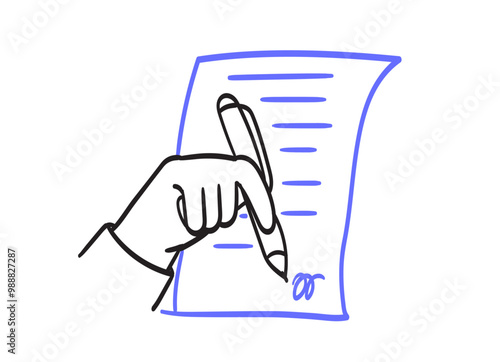 Hands hold pen and write on paper icon. Person write letter, sign document. The concept of agreement, notarization of document, signing contract. Vector illustration in line doodle simple style.