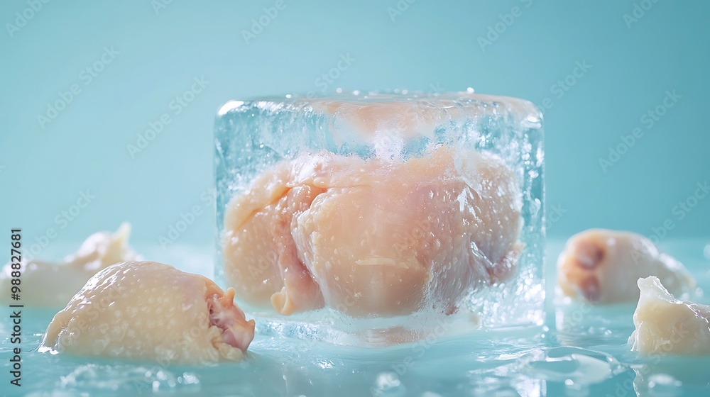 Fototapeta premium Chicken thighs frozen in a large ice cube on a blue background.