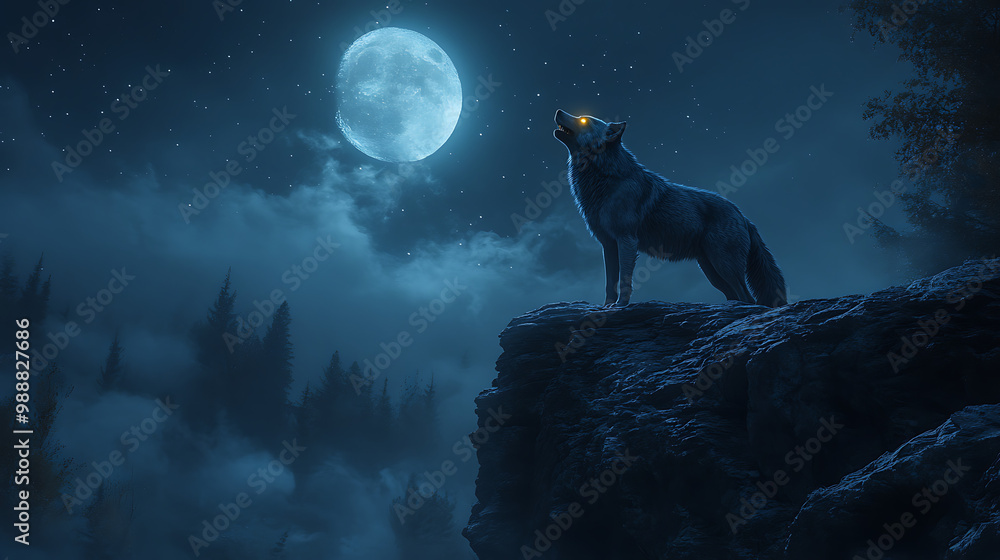 A wolf is standing on a rocky hillside, looking up at the moon A wolf is standing on a rocky hillside, looking up at the moon
