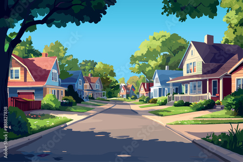 Suburban street with little houses landscape. Countryside cottages facades. Rural little town buildings. Road trees bushes tiny homes. Quite country life cityscape. Cartoon style vector illustration