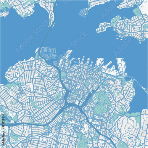 Map of Auckland center in New Zealand in a professional blue style. Contains layered vector with roads water, parks, etc.