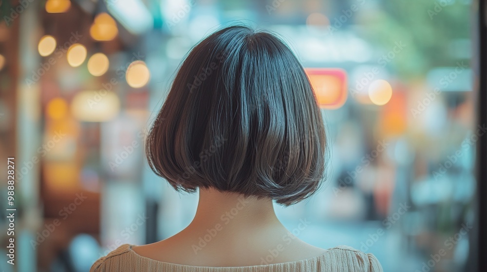 Fototapeta premium back view soft-focus portrait of a young woman with a stylish bob haircut highlighting sleek hair and graceful feminine beauty in a delicate silhouette