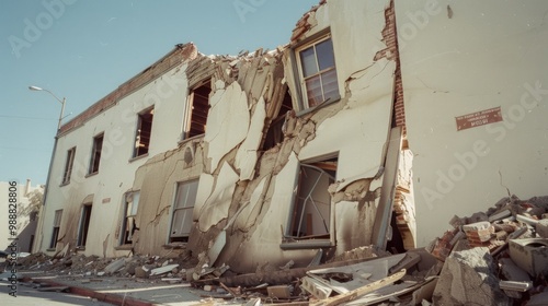 The remnants of a collapsed building, showcasing the aftermath of a devastating earthquake with debris strewn around and walls caved in. photo