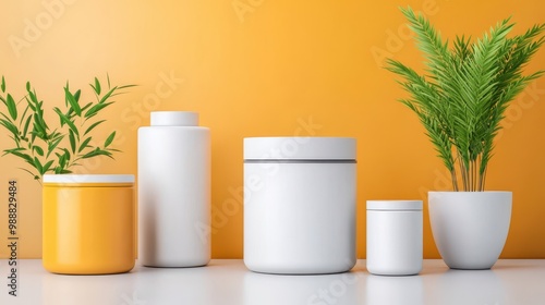 A vibrant display of white and yellow containers beside lush green plants against an orange backdrop, showcasing modern home decor.