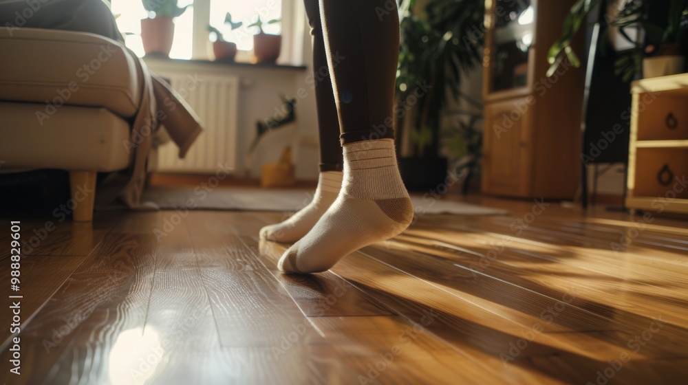 Fototapeta premium Close-up of a person’s feet in socks, softly stepping on wooden flooring in a bright and cozy living space.