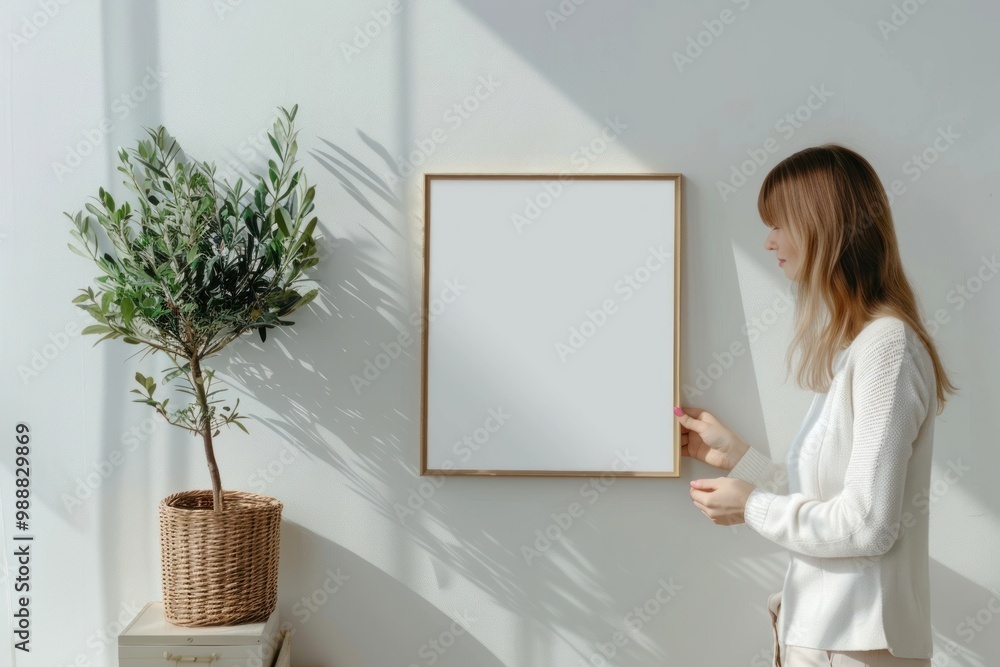 Woman adjusting blank picture frame Woman adjusting blank picture frame