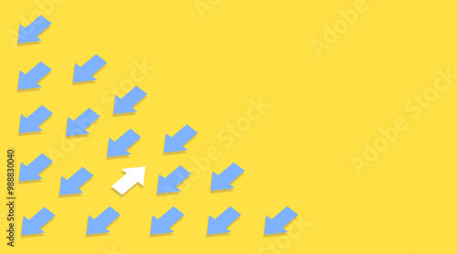 Several blue arrows pointing in the same direction with a single white arrow pointing in the opposite direction on a yellow background