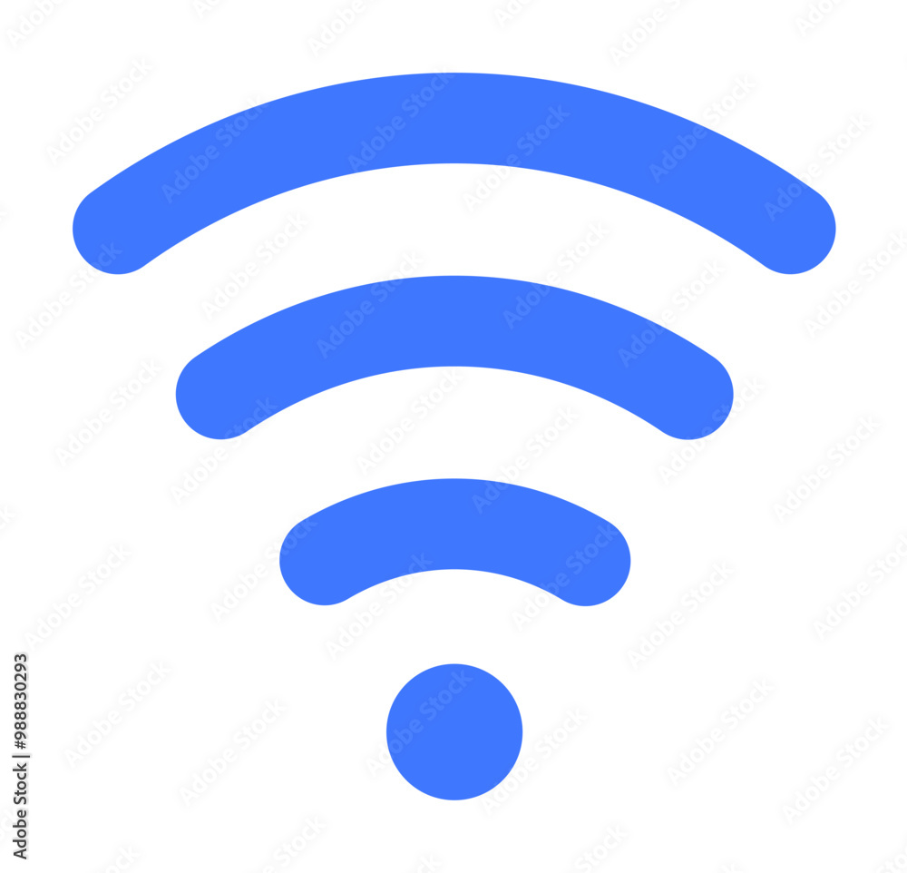 A simple blue Wi-Fi signal symbol features three curved bars above a small dot, visually representing wireless network connectivity. Ideal for technology, internet, wireless communication, network str A simple blue Wi-Fi signal symbol features three curved bars above a small dot, visually representing wireless network connectivity. Ideal for technology, internet, wireless communication, network str