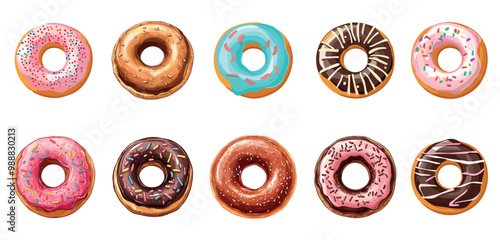 Sweet doughnut set top view. Different glazes and toppings sugar sprinkles. Delicious dessert cakes. Bakery product chocolate vanilla cream. Menu coffee shop decoartion design element Cartoon style