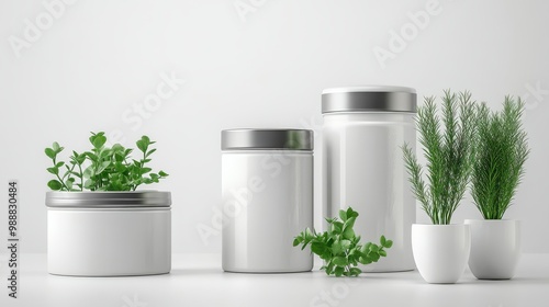 A minimalist display of white containers with green herbs, emphasizing freshness and modern aesthetics in home decor.