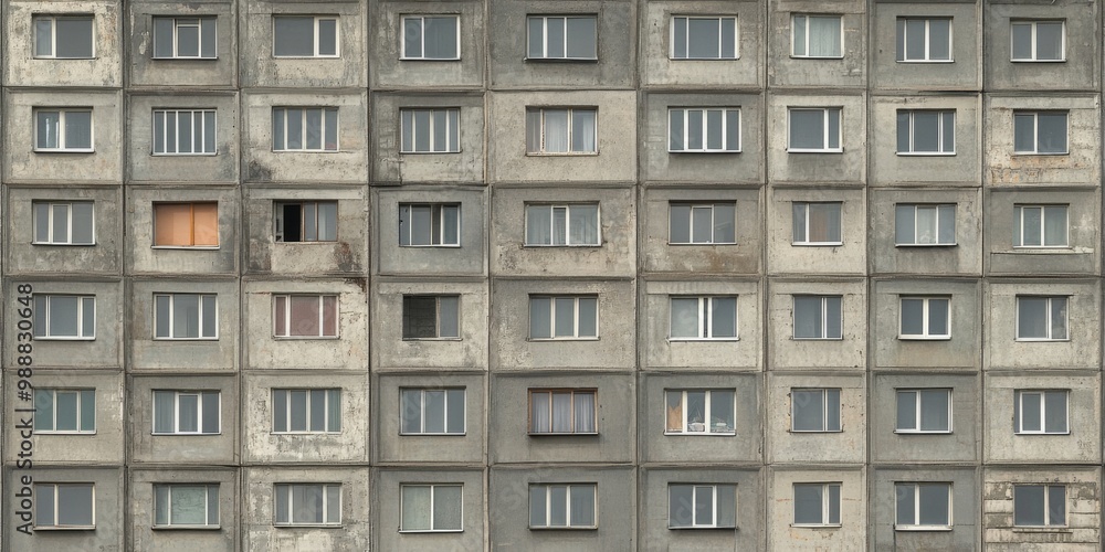 Facade of a Grey Multi-storey Panel building in Russia, Soviet architecture houses Facade of a Grey Multi-storey Panel building in Russia, Soviet architecture houses