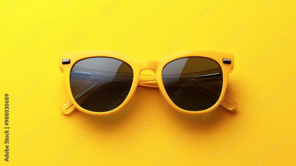 A pair of stylish yellow sunglasses resting on a bright yellow background, giving off a summer vibe. A pair of stylish yellow sunglasses resting on a bright yellow background, giving off a summer vibe.