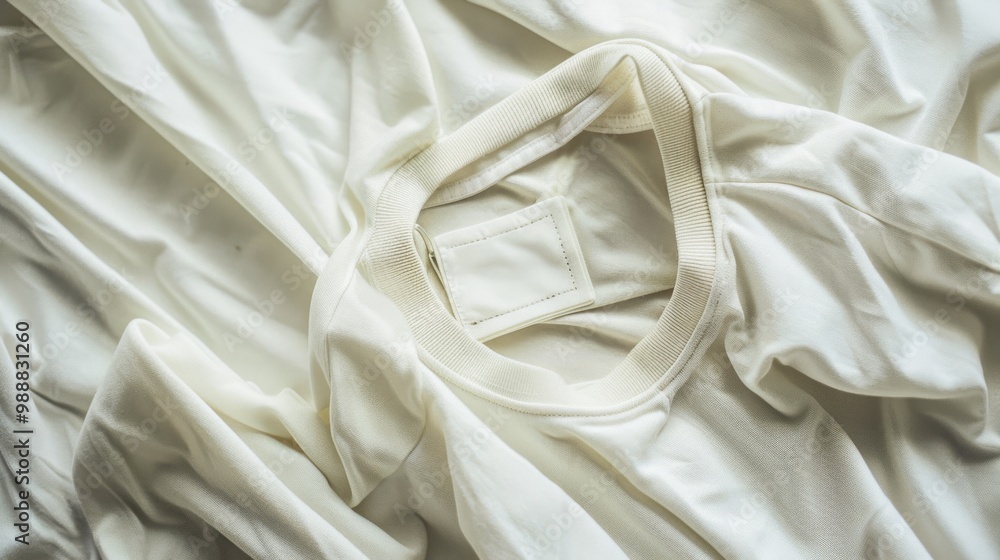 Obraz premium A soft, wrinkled white t-shirt lies casually strewn across a bed, suggesting comfort, relaxation, and a touch of everyday life.