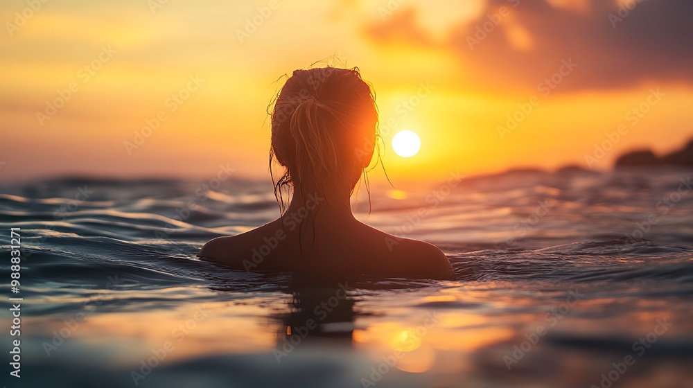 Fototapeta premium Woman silhouette in ocean water at sunset.