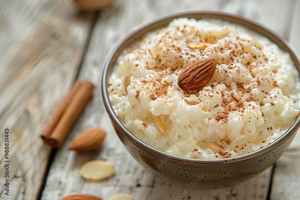Creamy rice pudding topped with cinnamon and almond, white wooden background, MZ Creamy rice pudding topped with cinnamon and almond, white wooden background, MZ