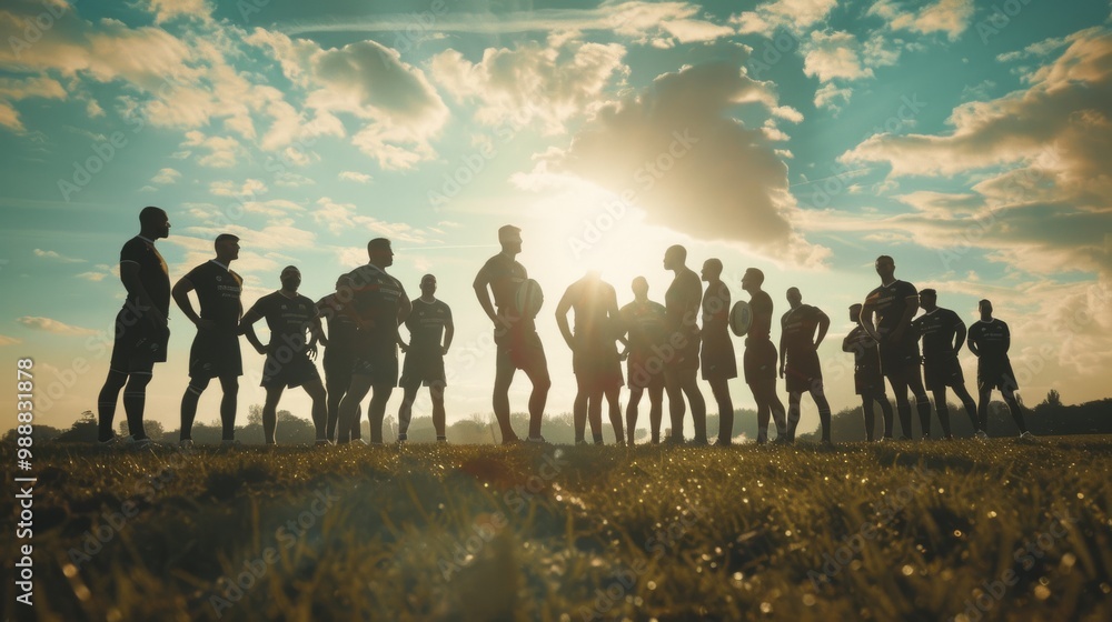 Silhouettes of a team of athletes standing together against a breathtaking sunset sky, ready for practice and united in camaraderie on a field. Silhouettes of a team of athletes standing together against a breathtaking sunset sky, ready for practice and united in camaraderie on a field.
