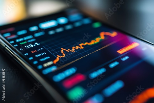 Close-up view of a smartphone screen displaying stock market trends and data analytics during market hours at a trading desk