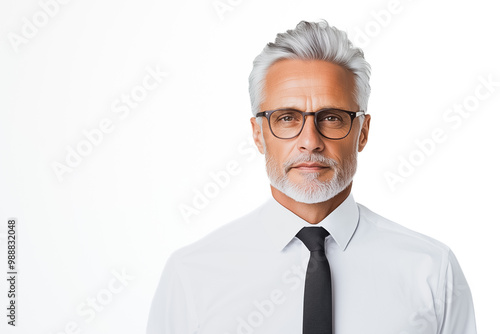 The professional man stands with a serious expression, exuding confidence in formal attire. His gray hair and beard complement his sharp features, showcasing experience