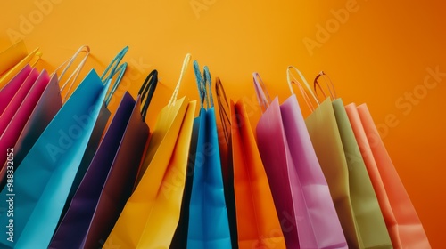 An array of multicolored shopping bags lined up against an orange backdrop, highlighting a spectrum of hues and textures.