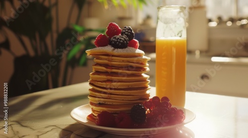 A stack of fluffy pancakes topped with berries sits on a plate next to a glass of orange juice, bathed in warm morning light. photo