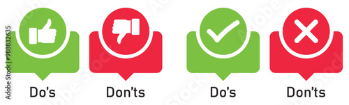 Do and don't icons. like and dislike symbols. Positive and negative symbols. Thumb up and thumb down icon collection. Check mark and X mark icon.