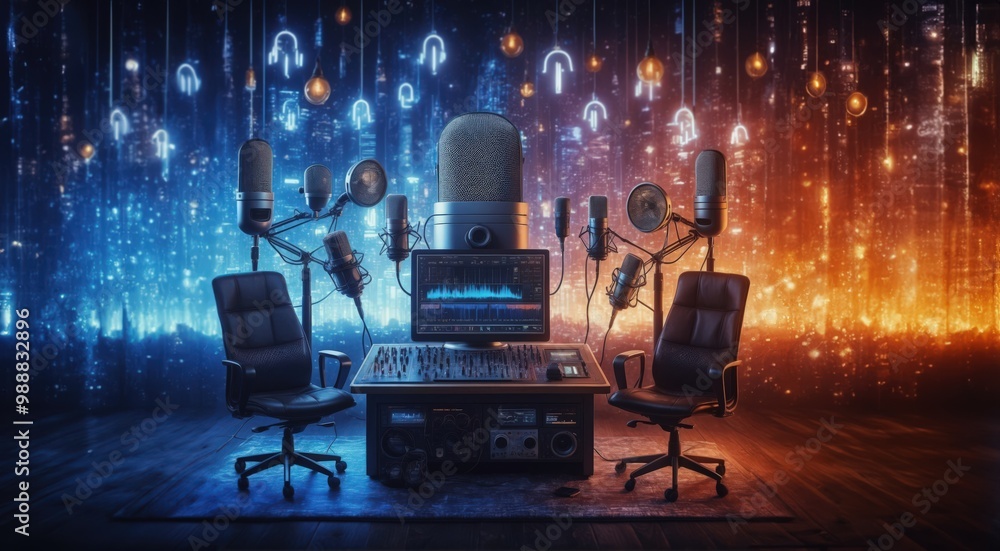 studio with chairs, console, microphones and audio system for podcast program, photo realistic illustration studio with chairs, console, microphones and audio system for podcast program, photo realistic illustration