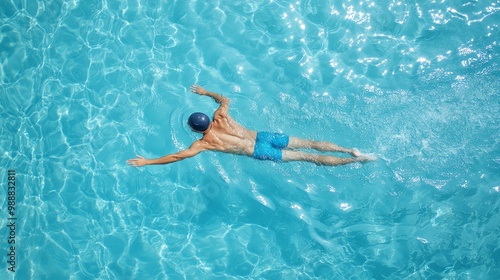 A man swims on his back in a blue pool,  captured in a top-down view. photo