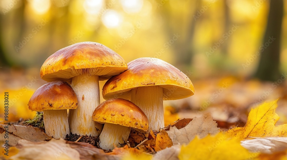 autumn forest with a group of boletus mushrooms in the sunlight, growing naturally on the forest floor, representing wild fungi, seasonal harvest, and the beauty of nature