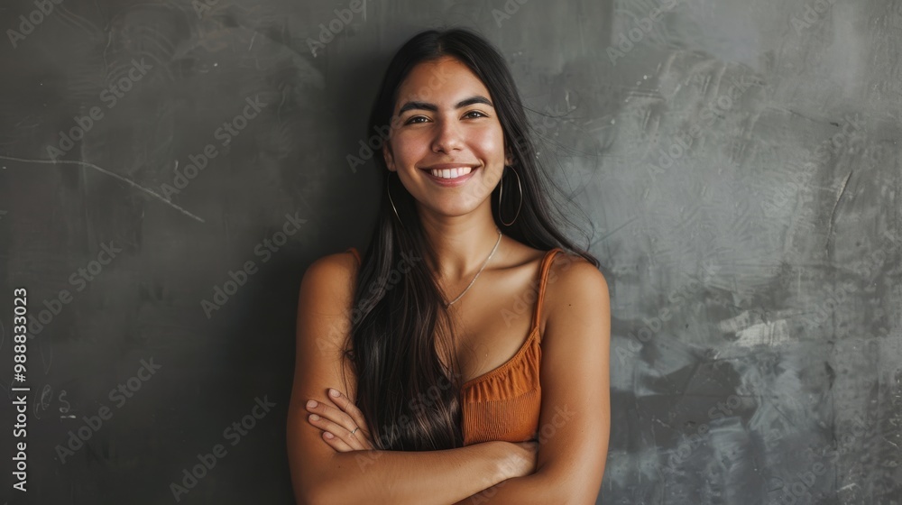 A vibrant young woman with long dark hair smiles brightly with her arms crossed against a textured gray background, exuding confidence and warmth. A vibrant young woman with long dark hair smiles brightly with her arms crossed against a textured gray background, exuding confidence and warmth.