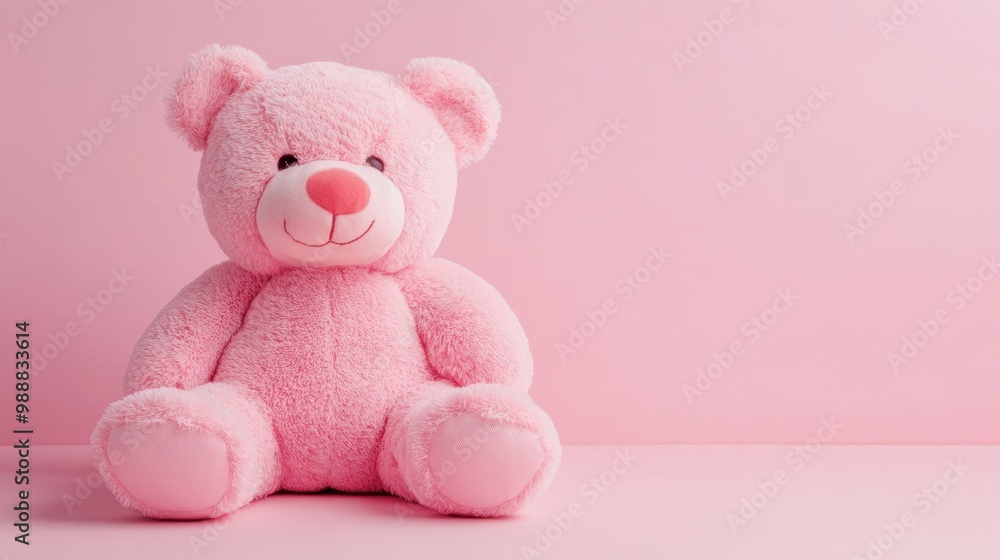 A pink teddy bear sitting on a light pink background, symbolizing childhood and affection. A pink teddy bear sitting on a light pink background, symbolizing childhood and affection.