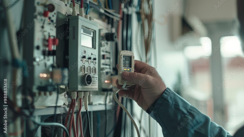 A hand operates a multimeter on an array of electrical equipment, displaying careful monitoring and precision in a technical workspace. A hand operates a multimeter on an array of electrical equipment, displaying careful monitoring and precision in a technical workspace.