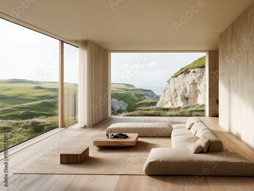 A living room with a large window overlooking a hill. The room has a couch, a coffee table, and a rug photo