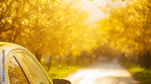 car blanketed in golden pollen glistens under the sun, surrounded by vibrant blooming trees, with pollen gently drifting through the warm air on a spring morning.