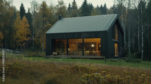 A cozy, modern cabin bathed in twilight, with warm lights glowing from within, surrounded by a tranquil forest and autumn hues.