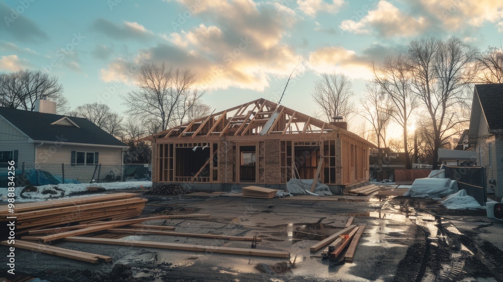 Obraz premium A house under construction at sunset with a partially completed wooden frame, surrounded by building materials and puddles.