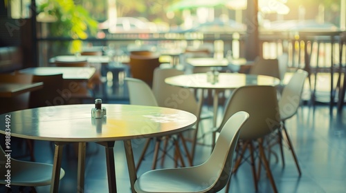 Early morning sunlight fills a nearly empty café with minimalistic décor, creating a calm and inviting atmosphere for the start of the day.