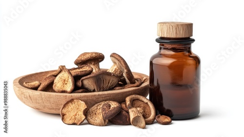 A Reishi mushroom extract bottle positioned alongside the dried mushrooms on a white background, promoting natural supplements.