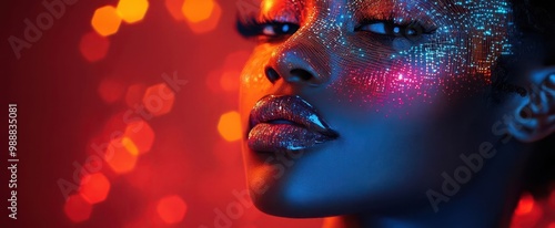 afrofuturistic portrait woman with bioluminescent hair sculptures neural interface circuitry iridescent makeup holographic africaninspired patterns in background photo