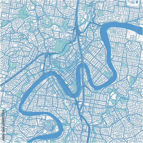 Map of Brisbane center in Australia in a professional blue style. Contains layered vector with roads water, parks, etc.