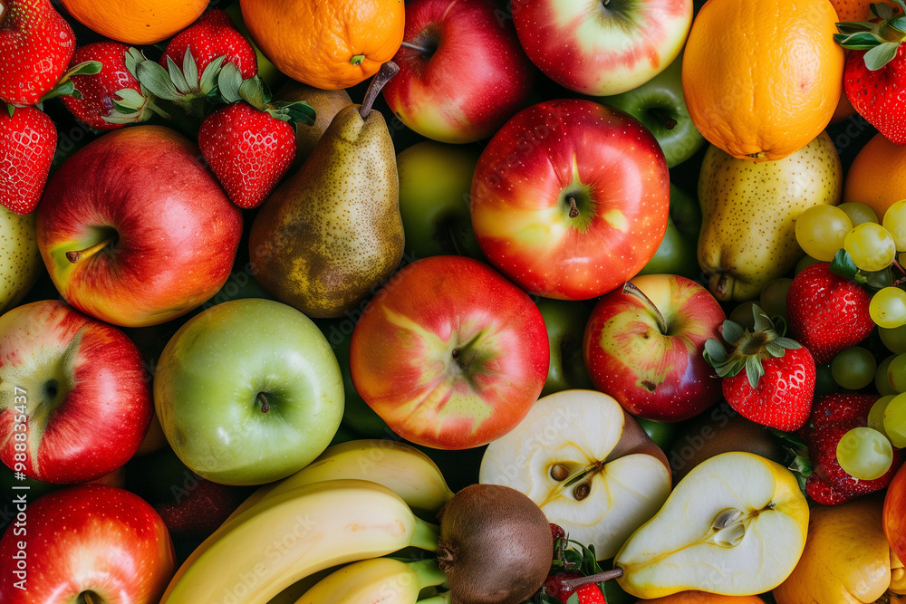 Fruit Background showcasing vibrant Mediterranean fruits like apples, oranges, and grapes promoting healthy eating habits and balanced nutrition Fruit Background showcasing vibrant Mediterranean fruits like apples, oranges, and grapes promoting healthy eating habits and balanced nutrition