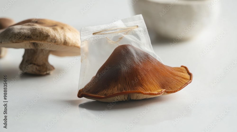 A Reishi mushroom tea bag with the mushroom in the background, laid flat on a clean white surface. A Reishi mushroom tea bag with the mushroom in the background, laid flat on a clean white surface.