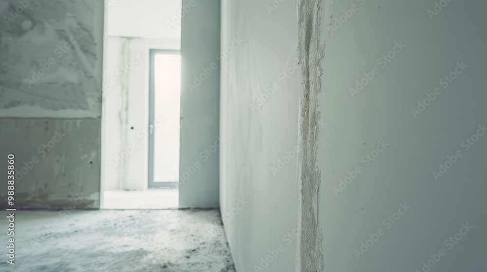 Sunlight streams through a window, casting soft, serene shadows in an unfinished room with bare walls, creating an atmosphere of calm and potential. Sunlight streams through a window, casting soft, serene shadows in an unfinished room with bare walls, creating an atmosphere of calm and potential.